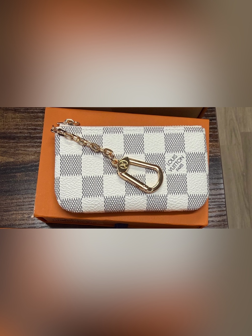 LV White Damier Card & Key Holder with Gold-Tone Hardware
